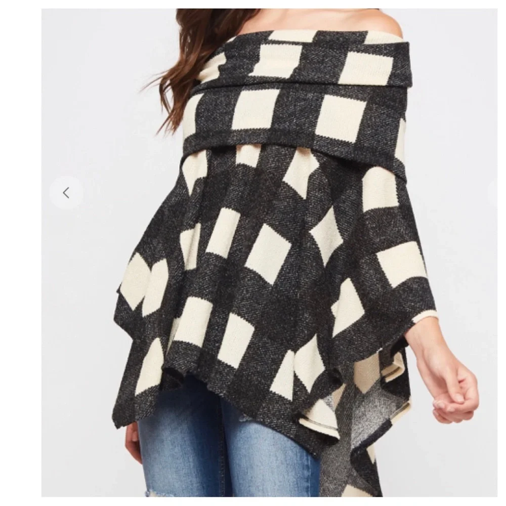 #22 Boho Tartan Plaid Sweater Poncho - Picture 2 of 5